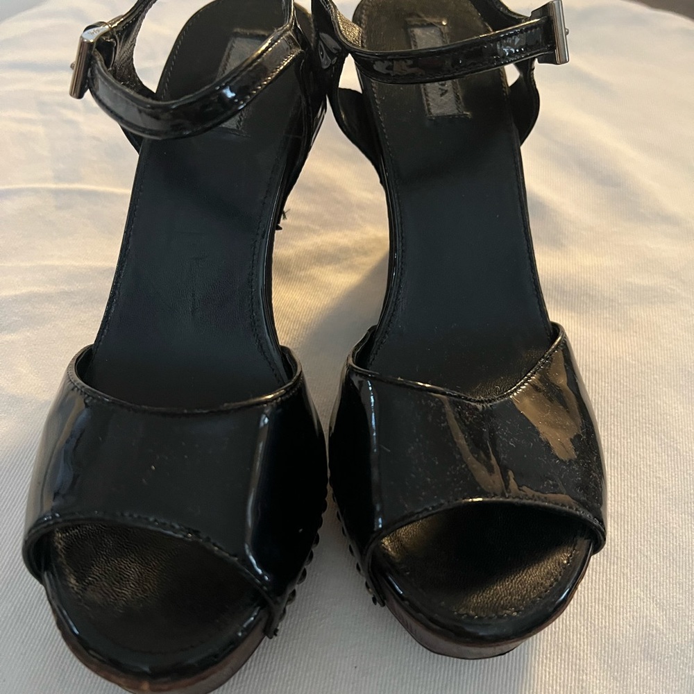 Prada patent leather wedges